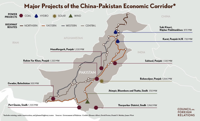 Các dự án lớn của hành lang kinh tế Trung Quốc-Pakistan. Ảnh: Council of Foreign Relations