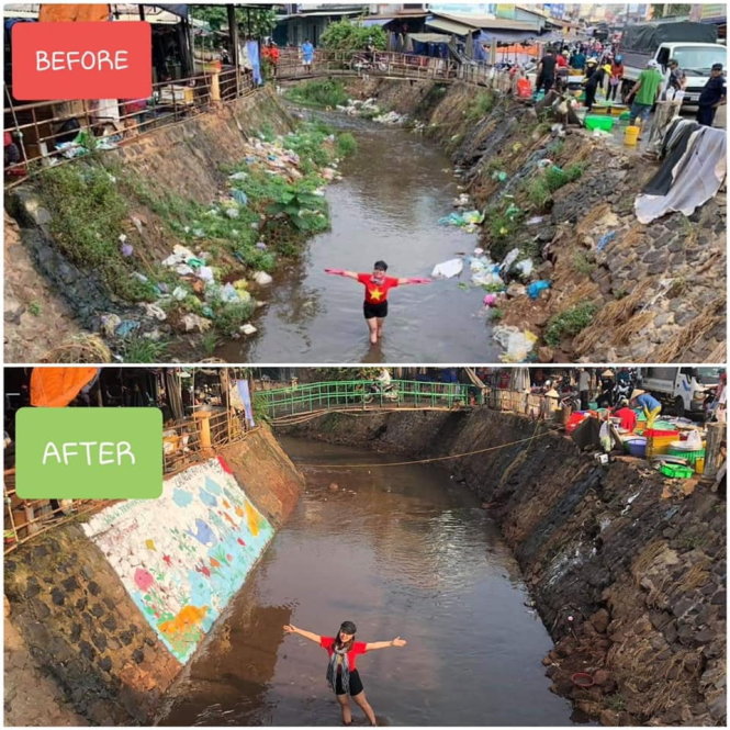Trashpacker Kim Yến tạo dáng trên con kênh ở chợ Lộc Ninh (Bình Phước) trước và sau khi dọn rác. Ảnh: Trashpackers VN