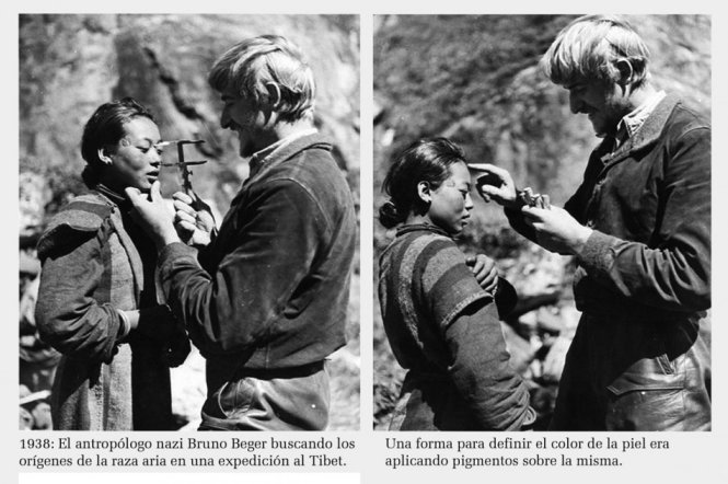 Nhà khảo cổ học Đức Quốc xã Bruno Beger thực hiện trắc đạc nhân thể với một phụ nữ ở Tây Tạng để nghiên cứu 