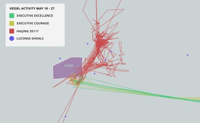 Bản đồ 1: Đường đi các tàu cho thấy tàu cảnh sát biển Trung Quốc 35111 quấy nhiễu giàn khoan Sapura Esperanza tại lô SK 308 trong EEZ của Malyasia từ ngày 10 đến 27-5-2019 (nguồn: AMTI)