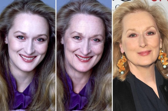 Từ trái sang: ảnh nữ diễn viên Meryl Streep thời trẻ, ảnh Meryl Streep “già hóa” qua FaceApp, và ảnh Meryl Streep ngoài đời thực hiện nay. Ảnh: The Sun