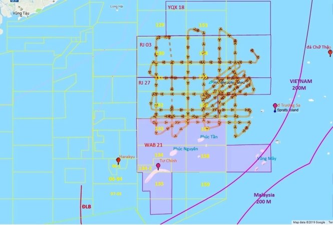 Bản đồ 4: Khu vực khảo sát địa chất của HYDZ 8 hoàn toàn nằm trong EEZ của Việt Nam (đường đi của HYDZ từ ngày 3 đến 19-7-2019 do giáo sư Ryan Martinson, Trường đại học Hải chiến Mỹ, đưa lên Twitter).