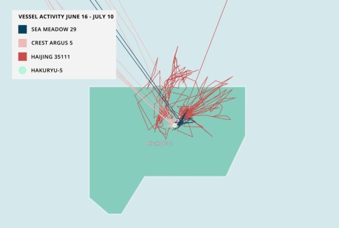 Bản đồ 5: Đường đi các tàu cho thấy tàu 35111 quấy nhiễu giàn khoan Harakyu 5 và 2 tàu tiếp tế từ ngày 16-6 đến 10-7 (nguồn: AMTI).