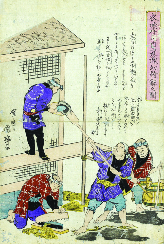 Hai bức trong bộ tranh tường giải những công việc thường ngày của người dân do Utagawa Kuniteru vẽ (1808 - 1876), nằm trong kho dữ liệu tranh về lịch sử thực nghiệp của Nhật Bản.