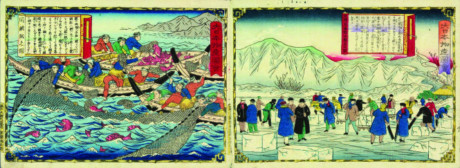 Hai bức tranh trong bộ Đại Nhật Bản sản vật đồ hội của Utagawa Hiroshige. Ảnh tư liệu