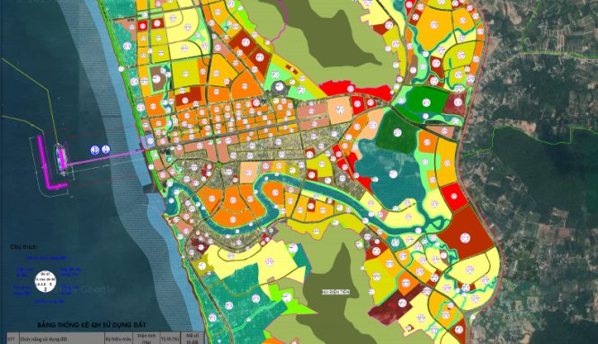 Bản đồ quy hoạch chi tiết thị trấn Dương Đông (Phú Quốc) thể hiện vùng được quy hoạch trở thành hồ nước trong tương lai.