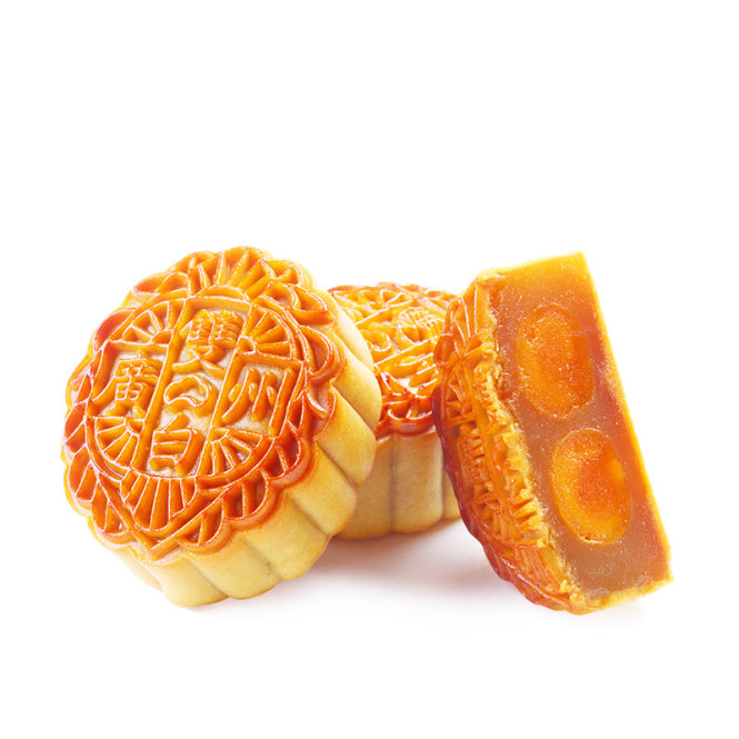 Bánh Quảng Châu có ấn nổi chữ-“Quảng Châu” và “Song Bạch” trên vỏ bánh.