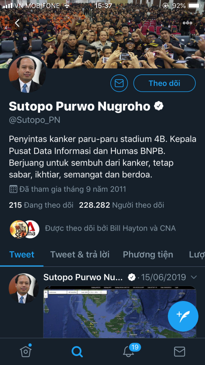 Trang Twitter của ông Sutopo Purwo Nugroho