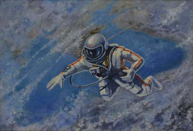 Bức tranh Alexei Leonov vẽ năm 1973, tái hiện cảnh ông đi bộ trong không gian. Ảnh: tass.ru