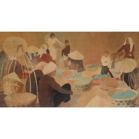 Cảnh phố chợ Đông Dương (~1926 - 1929), lụa, 51x92cm