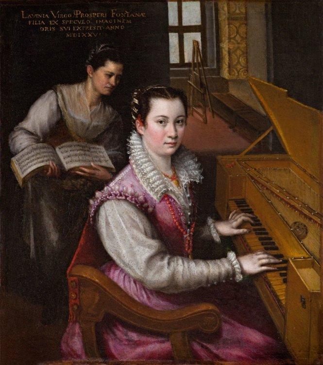 Tự họa bên đàn Clavichord với người hầu của Lavinia Fontana, vẽ năm 1577, kích thước 27cm x 24cm.