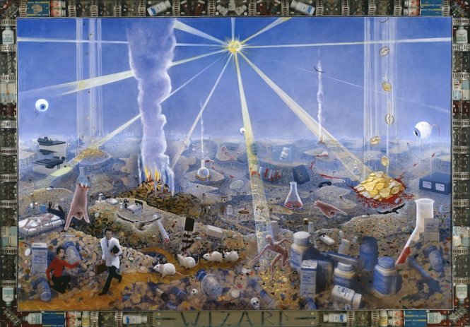 Frank Moore-Wizard, 1994-oil on canvas with pharmaceuticals cast in lucite in aluminum frame-68 x 95 1/2 in. (172.7 x 242.6 cm) -SW 94116