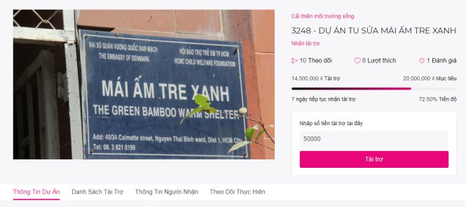 Một dự án đang gây quỹ của Việt Charity. Ảnh chụp màn hình