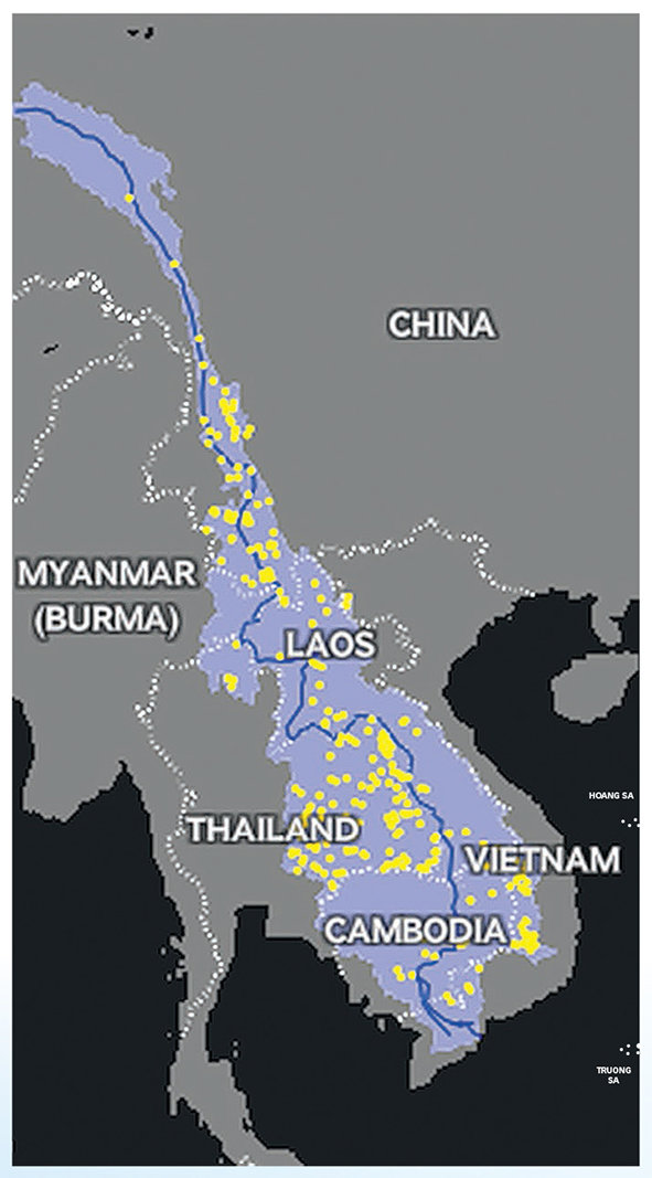 Mỗi chấm màu vàng là một đập thủy điện trên sông Mekong hoặc trên các chi lưu của nó. Ảnh: National Geographic