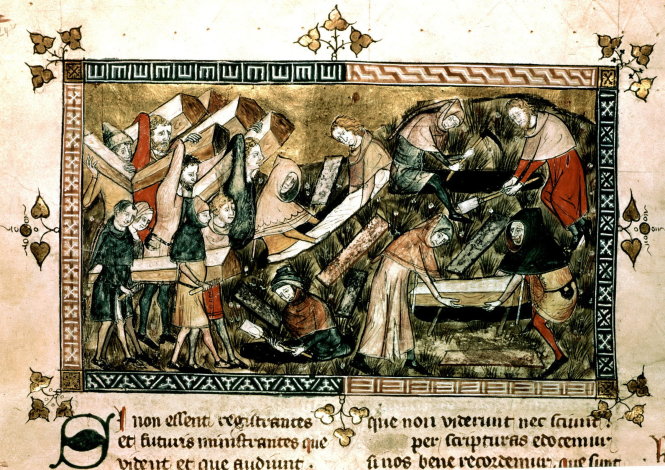 Bức tranh vẽ năm 1349 trong thời gian dịch “Cái chết đen” mô tả cảnh người dân thành phố Tournai - nay thuộc Bỉ - đang mang quan tài bệnh nhân đi chôn. Đây là một trong những tài liệu bằng hình cổ nhất nói về dịch bệnh nằm trong quyển từ điển bách khoa toàn thư thế kỷ 14 có tên Omne Bonum.