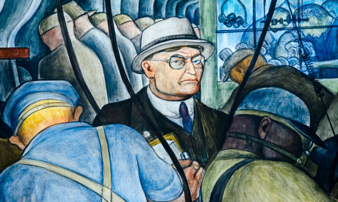Trích đoạn tranh tường Detroit Industry của Diego Rivera. Ảnh: jacobinmag.com