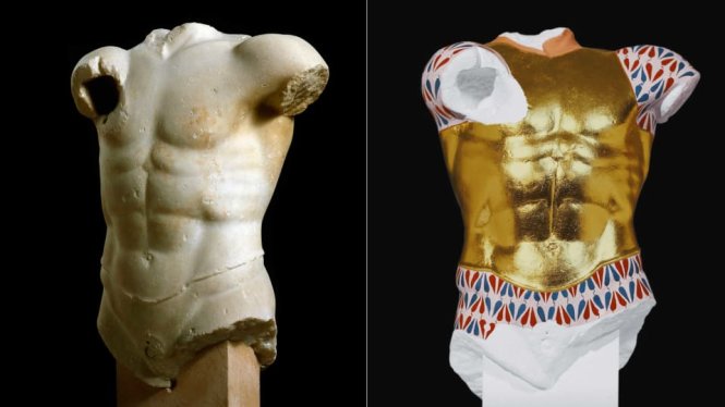 Bản gốc và bản màu của tượng “Cuirassed Torso” khai quật năm 1886. Ảnh: Bảo tàng Mỹ thuật San Francisco