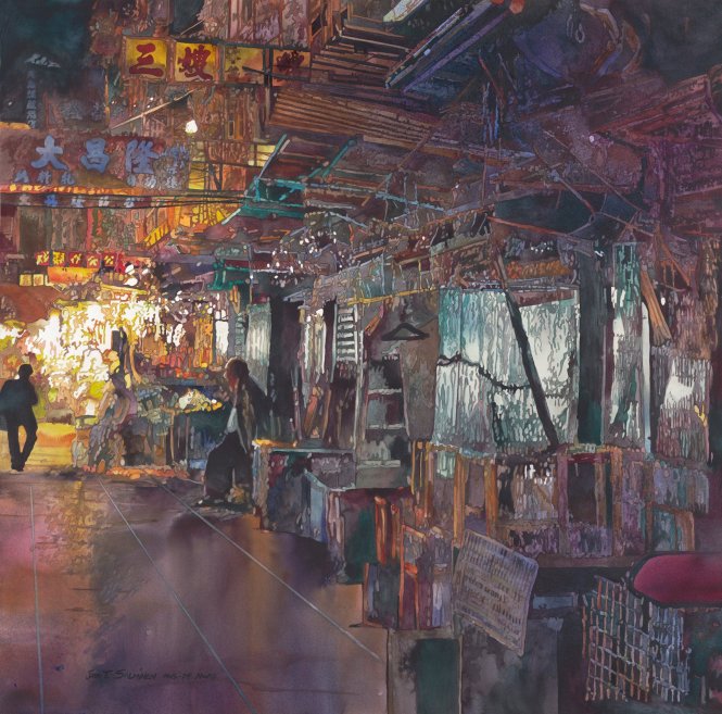 Ngõ hẻm Hong Kong, tranh của John Salminen. Ảnh: Pinterest