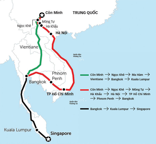Các tuyến đường sắt trong đề án BRI dự kiến sẽ nối Côn Minh với Singapore, đi xuyên qua Đông Nam Á lục địa. Ảnh: Bangkok Post