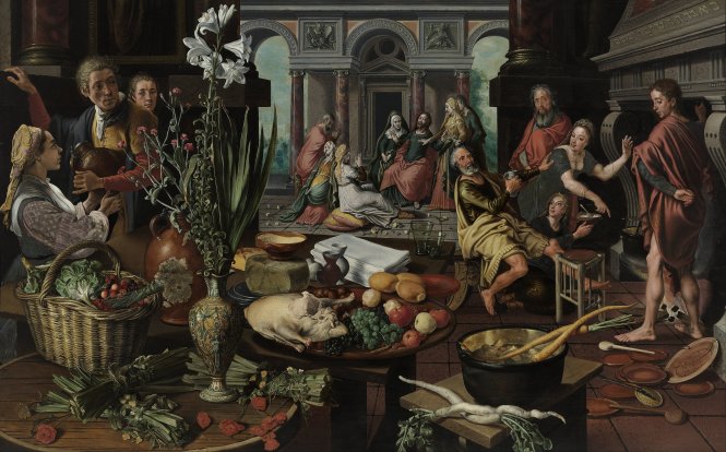 Tranh “Christ in the House of Martha and Mary” của Pieter Aertsen vẽ năm 1553. Tác phẩm cho thấy cà rốt, củ cải trắng và các loại rau củ quả khác trông như thế nào ở thế kỷ 16. Góc trái là hoa hồng, hình ảnh được De Smet và Vergauwen xem là yếu tố đáng tin cậy dùng để đánh giá tính hiện thực của một bức tranh. Ảnh: Wikimedia Commons