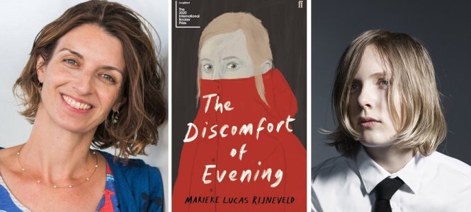 Từ trái sang: dịch giả Michele Hutchison, bìa cuốn sách ”Sự khó chịu của buổi tối”, và tác giả Marieke Lucas Rijneveld. Ảnh: letterenfonds.nl