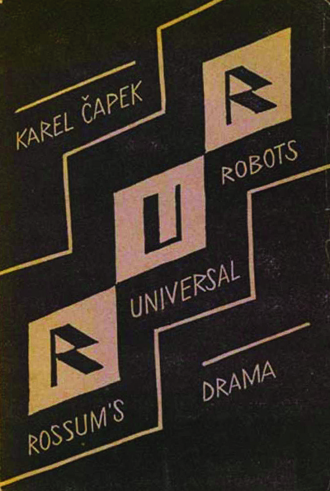 Bìa của ấn bản đầu tiên của vở kịch R.U.R do Josef Čapek thiết kế, in năm 1920.