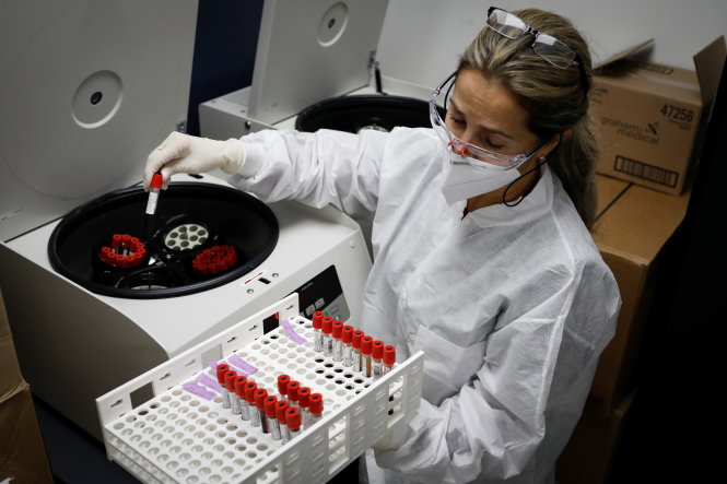 Một nhân viên y tế kiểm tra các ống nghiệm chứa huyết thanh từ máy ly tâm sau quá trình phân tách phục vụ nghiên cứu vaccine ngừa virus corona tại Trung tâm Nghiên cứu Hoa Kỳ, ở Florida, Mỹ ngày 24-9-2020. Ảnh: REUTERS
