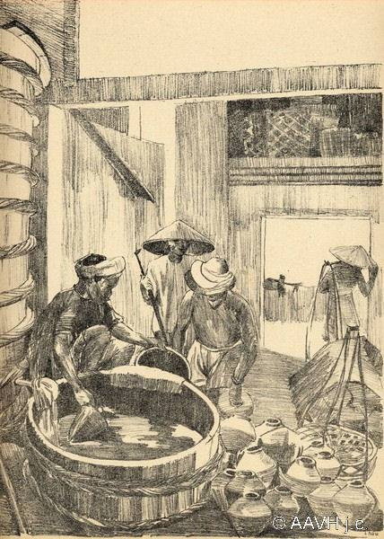 Sản xuất nước mắm ở Phan Thiết (năm 1935), tranh của học sinh Trường Vẽ Gia Định (NXB Paul Guethner)