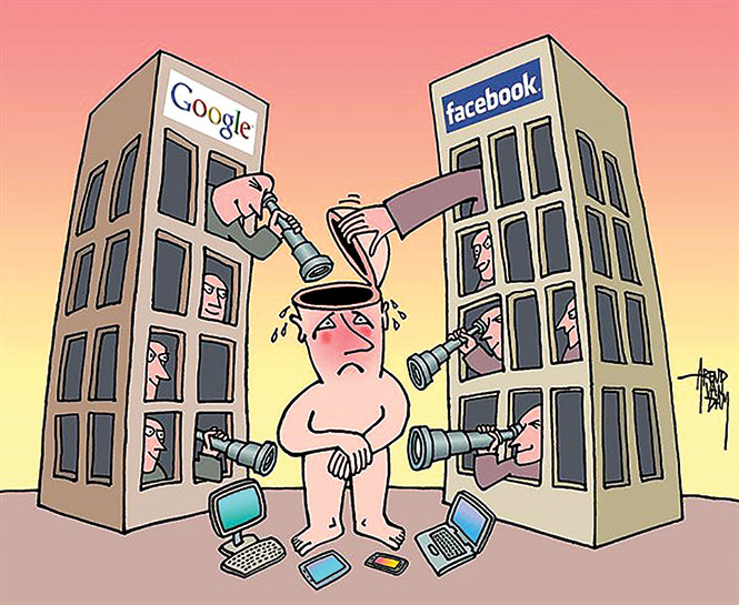 Không còn nữa những mối riêng tư của con người trước những ứng dụng mới của Google và Facebook? - Biếm họa của ArenVan Dam