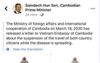 Campuchia tạm ngưng nhập cảnh người Việt Nam phòng COVID-19