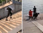 Thanh niên trượt patin đốn ngã đôi nam nữ xuống hồ