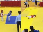 Bé trai bối rối khi bạn thi đấu võ taekwondo nằm ăn vạ