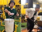 Chàng trai mang xe rùa vào phòng gym để tập phụ hồ