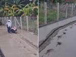 Thanh niên chạy xe máy 'cày nát' đường bê-tông vừa đổ