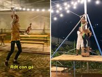 Nữ nhân viên trình diễn món 'gà bay' vào lòng đất
