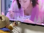 Bé trai cầm bát xin nhân vật trong tivi cho đồ ăn