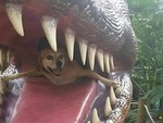 Ảnh vui 21-1: Chú chó chui vào 'đầu khủng long' tạo dáng
