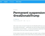 Twitter thông báo đình chỉ vĩnh viễn tài khoản ông Trump, cổ phiếu giảm giá