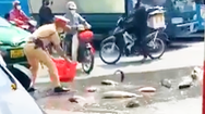 Video: Thấy cá đổ ra đường, CSGT chạy tới giúp người đi xe máy nhặt lại không thiếu con nào