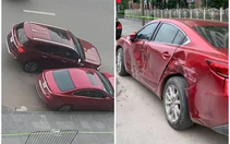 Tài xế lái ôtô 7 chỗ cà đầu, vò nát hông xe Mazda6 đỗ lề đường