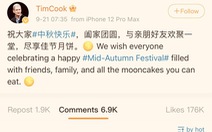 Lãnh đạo Apple chúc Trung thu, dân Trung Quốc ghẹo 'sao không dùng iPhone 13'