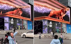 Cô gái hoảng hốt khi thấy sư tử nhảy khỏi màn hình 3D