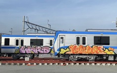 Tàu metro số 1 Bến Thành - Suối Tiên đang tập kết tại depot Long Bình bị xịt sơn vẽ bậy