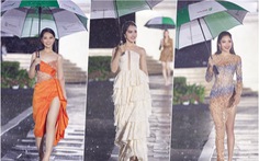 Người đẹp Hoa khôi sông Vàm che ô đi catwalk dưới mưa