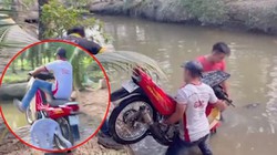 Thanh niên lao 'su xì po' xuống ao khi tập lái xe tay côn