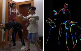Ba anh em mặc đồ phát sáng diễn Led Dance trong nhà