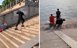 Thanh niên trượt patin đốn ngã đôi nam nữ xuống hồ