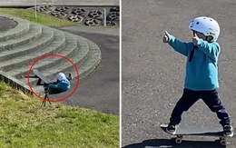 Cậu bé 3 tuổi người Nhật kiên trì tập trượt ván dù ngã nhiều lần