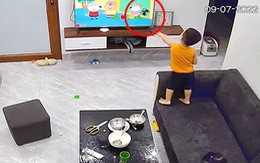 Bé trai cầm đồ chơi ném vỡ màn hình tivi