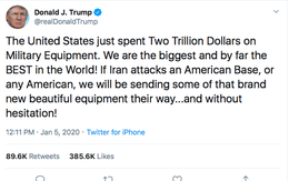 Ông Trump khoe 2.000 tỉ đô quân sự, thách thức Iran tấn công